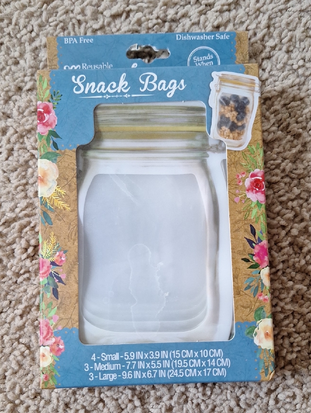 Snack Bags Reusable Mason Jar Design - Clear with Green Lid Accent